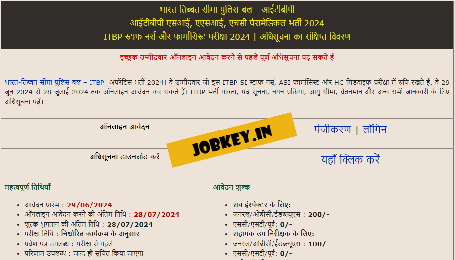 ITBP SI Staff Nurse and ASI Pharmacist HC Midwife Online Form 2024 (jobkey)